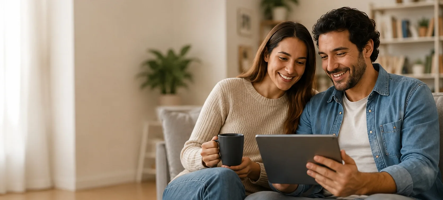 Pareja revisando alternativas de salud desde su hogar.