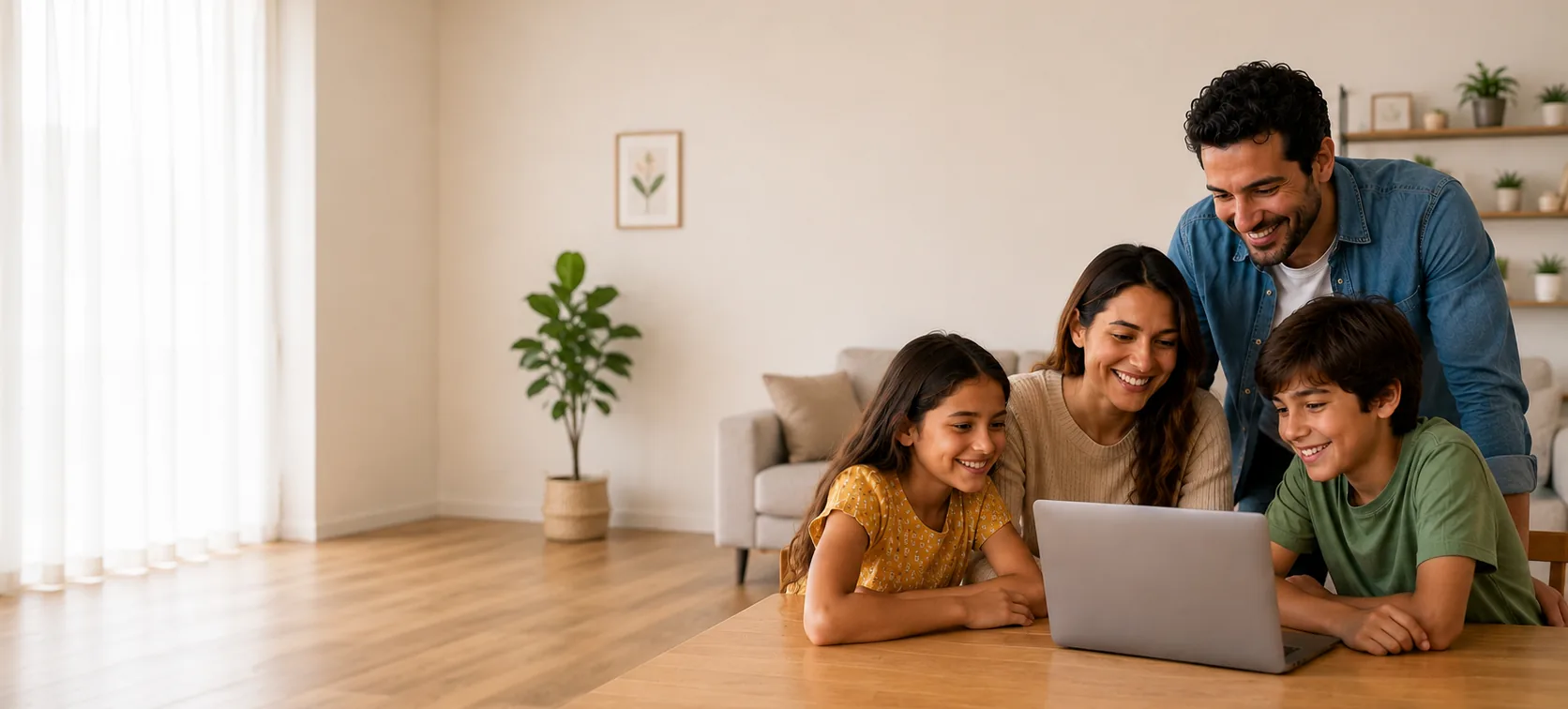 Familia reunida en casa revisando información en un computador.