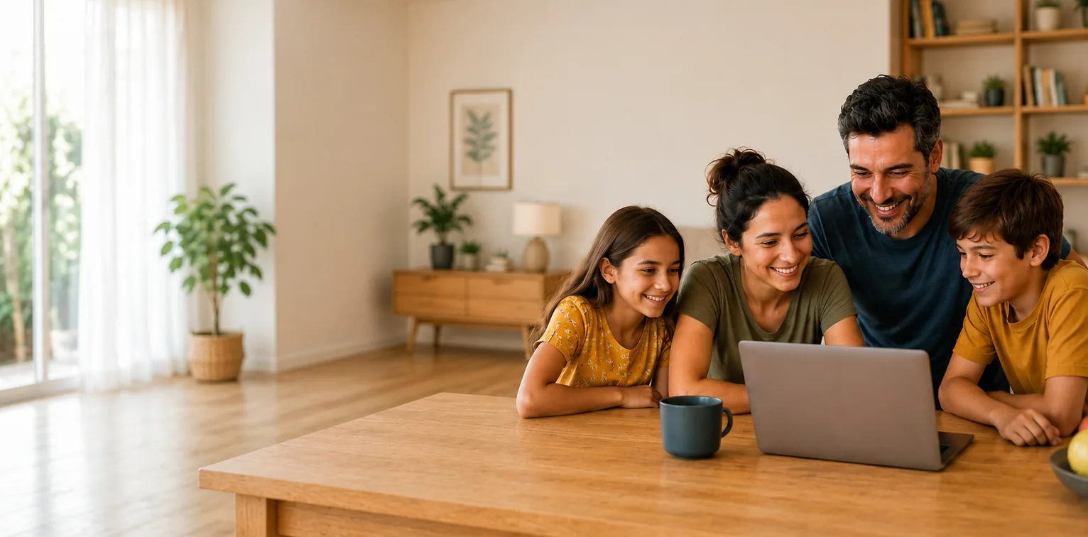 Familia comparando planes de salud en un computador.